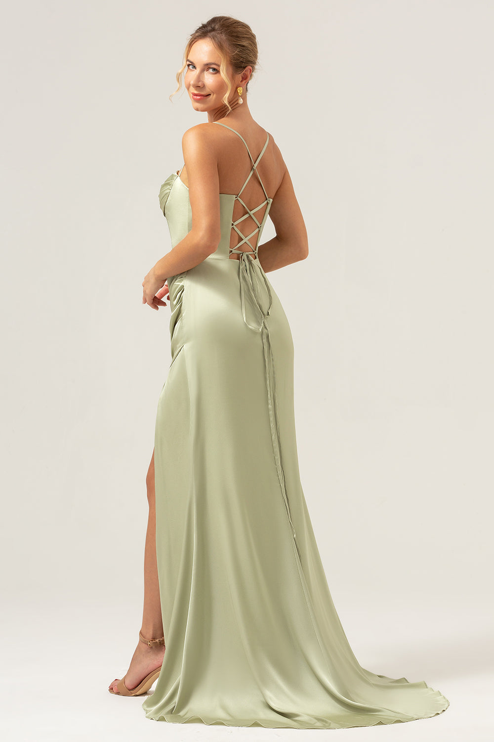 Wedtrend Women Sage Satin Bridesmaid Dress with Slit Mermaid Cowl Neckline Ruched Corset Long Wedding Party Dress WEDTREND Wedtrend Women Sage Satin Bridesmaid Dress with Slit Mermaid Cowl Neckline Ruched Corset Long Wedding Party Dress WEDTREND