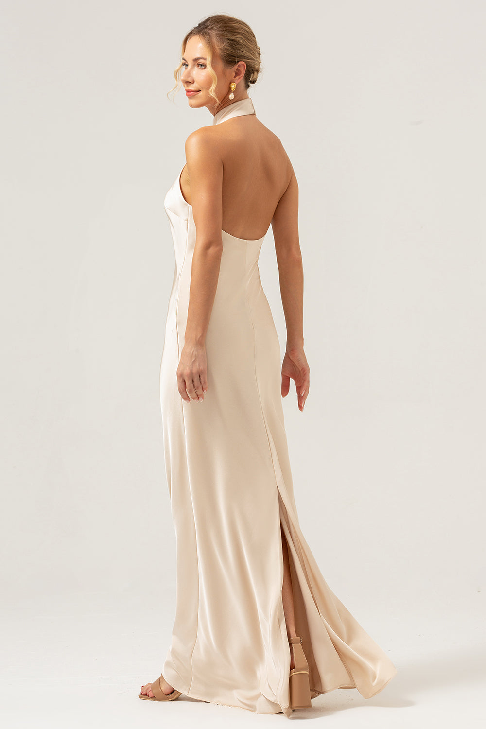 Wedtrend Women Champagne Bridesmaid Dress with Slit Mermaid Halter Backless Long Satin Sheath Wedding Guest Dress WEDTREND Wedtrend Women Champagne Bridesmaid Dress with Slit Mermaid Halter Backless Long Satin Sheath Wedding Guest Dress WEDTREND