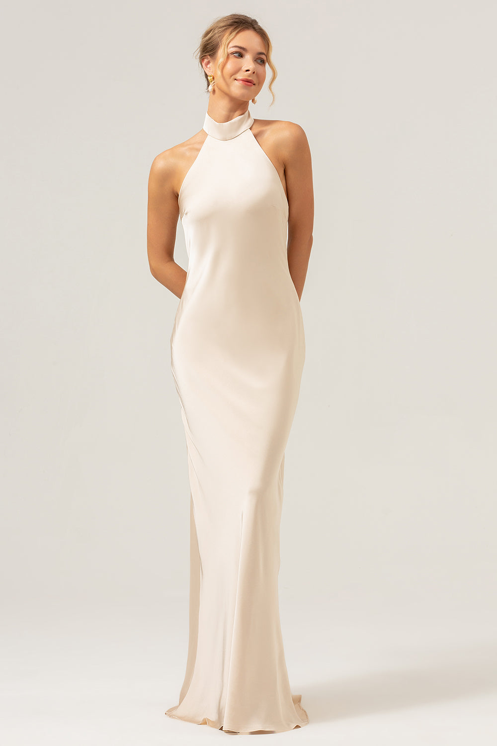 Wedtrend Women Champagne Bridesmaid Dress with Slit Mermaid Halter Backless Long Satin Sheath Wedding Guest Dress, Champagne / US14 Wedtrend Women Champagne Bridesmaid Dress with Slit Mermaid Halter Backless Long Satin Sheath Wedding Guest Dress, Champagne / US14