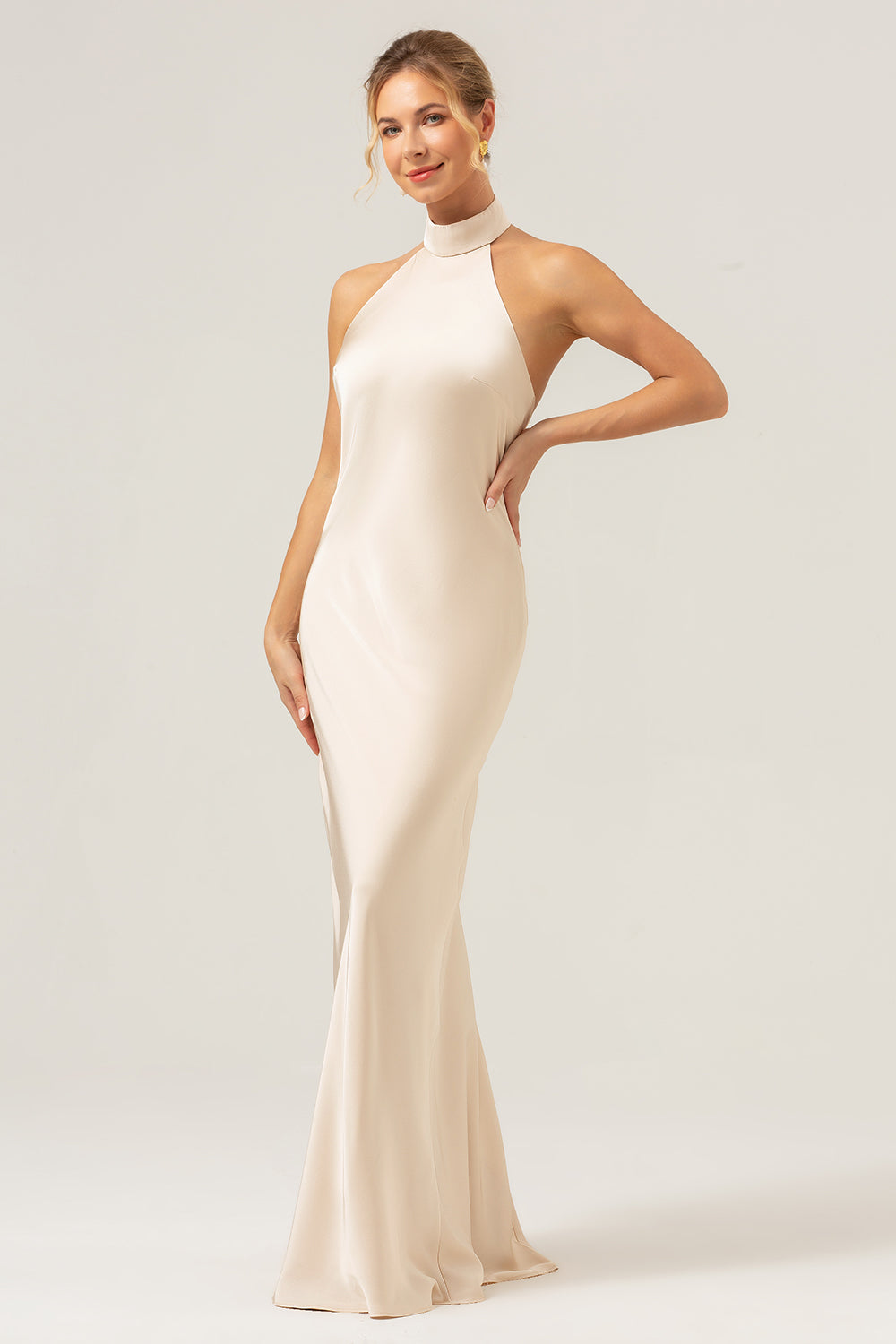 Wedtrend Women Champagne Bridesmaid Dress with Slit Mermaid Halter Backless Long Satin Sheath Wedding Guest Dress, Champagne / US14 Wedtrend Women Champagne Bridesmaid Dress with Slit Mermaid Halter Backless Long Satin Sheath Wedding Guest Dress, Champagne / US14