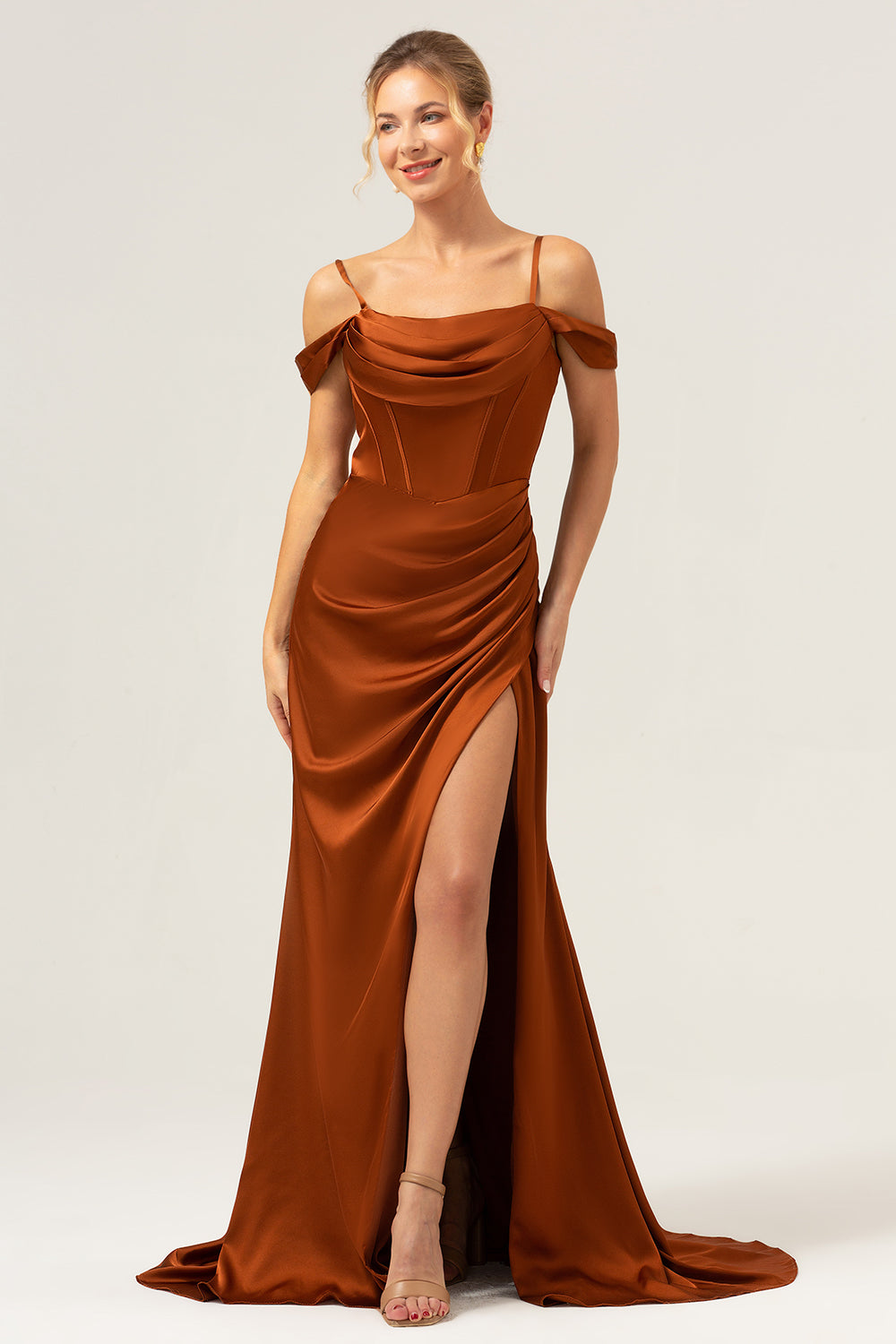Wedtrend Women Coffee Bridesmaid Dress with Slit Mermaid Cold Shoulder Ruched Corset Long Satin Formal Dress WEDTREND Wedtrend Women Coffee Bridesmaid Dress with Slit Mermaid Cold Shoulder Ruched Corset Long Satin Formal Dress WEDTREND