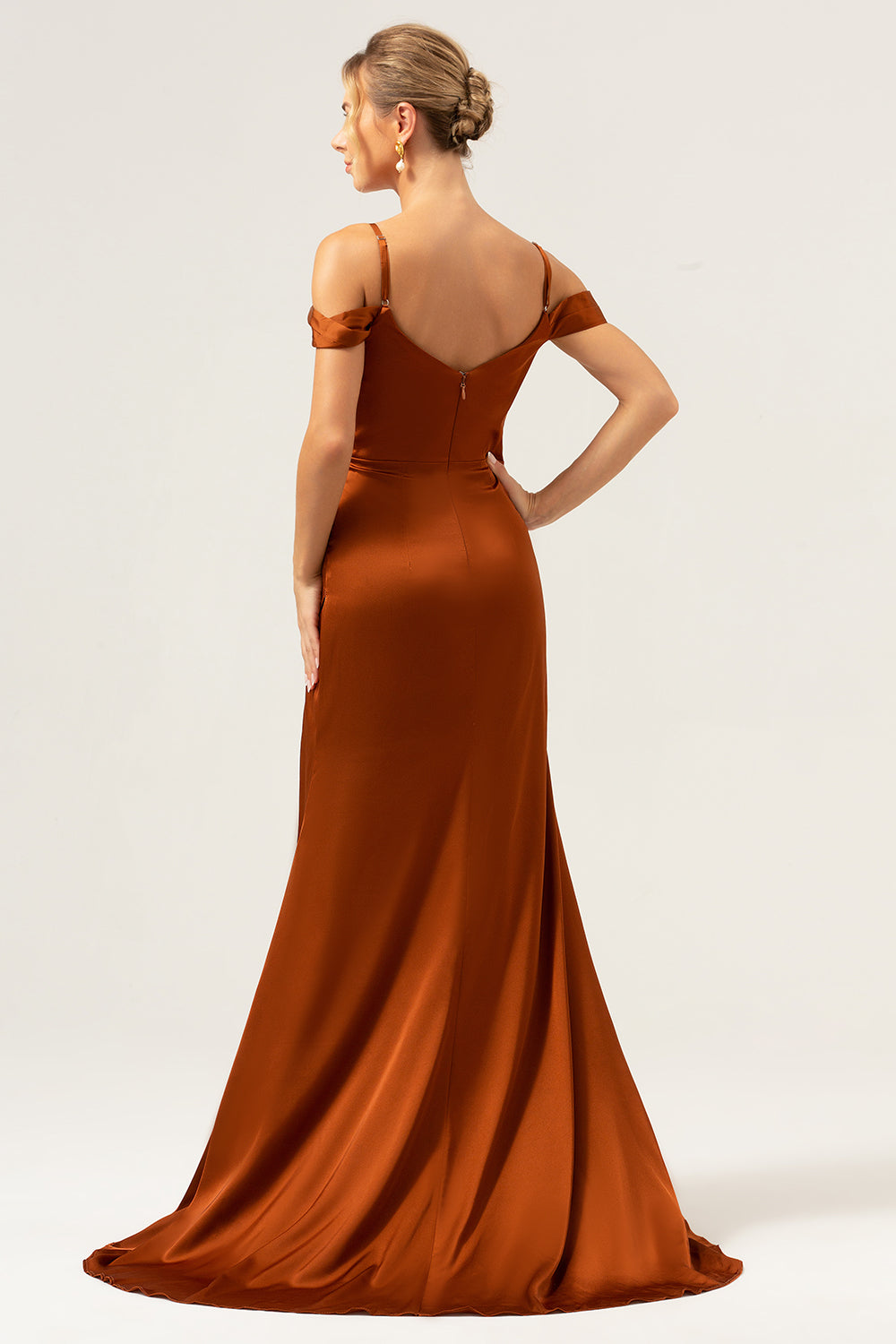 Wedtrend Women Coffee Bridesmaid Dress with Slit Mermaid Cold Shoulder Ruched Corset Long Satin Formal Dress WEDTREND Wedtrend Women Coffee Bridesmaid Dress with Slit Mermaid Cold Shoulder Ruched Corset Long Satin Formal Dress WEDTREND