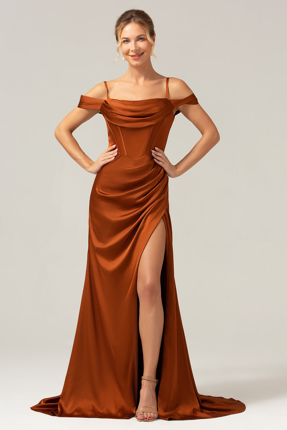 Wedtrend Women Coffee Bridesmaid Dress with Slit Mermaid Cold Shoulder Ruched Corset Long Satin Formal Dress WEDTREND Wedtrend Women Coffee Bridesmaid Dress with Slit Mermaid Cold Shoulder Ruched Corset Long Satin Formal Dress WEDTREND