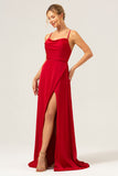 Burgundy A Line Cowl Neck Long Satin Bridesmaid Dress with Slit