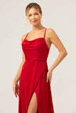 Burgundy A Line Cowl Neck Long Satin Bridesmaid Dress with Slit