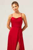 Burgundy A Line Cowl Neck Long Satin Bridesmaid Dress with Slit