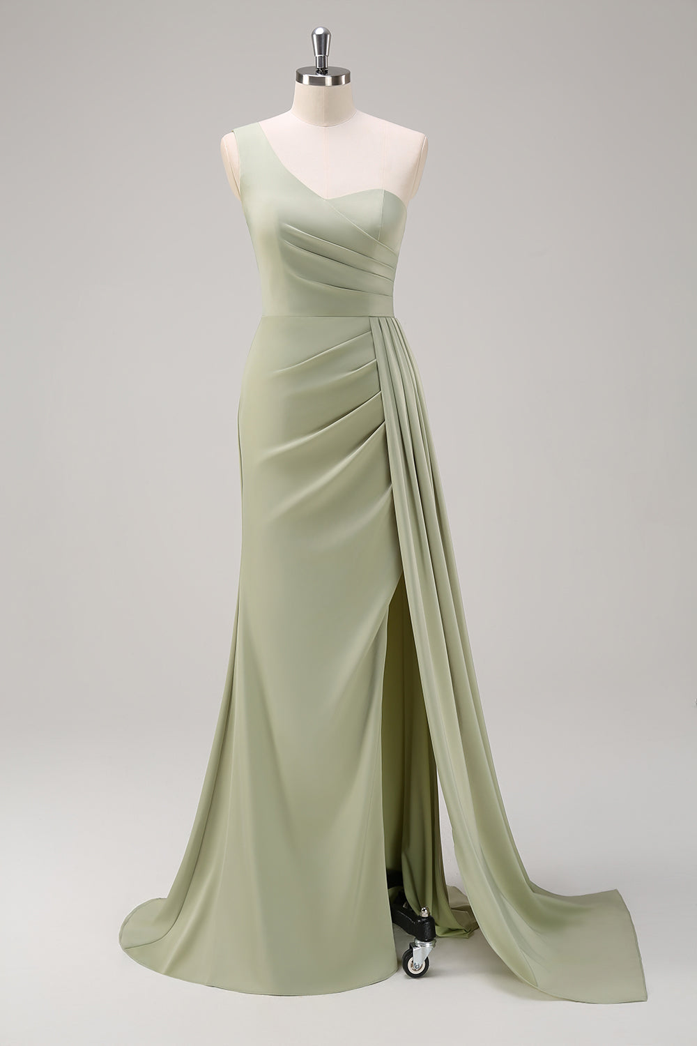 Wedtrend Women Sage Long Bridesmaid Dress With Slit Mermaid One Shoulder Ruched Side Overskirt Gown, Sage / US16W