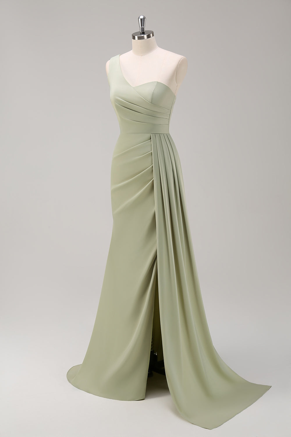 Wedtrend Women Sage Long Bridesmaid Dress With Slit Mermaid One Shoulder Ruched Side Overskirt Gown, Sage / US16W