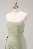 Sage Mermaid Strapless Ruched Side Overskirt Bridesmaid Dress with Slit