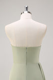 Sage Mermaid Strapless Ruched Side Overskirt Bridesmaid Dress with Slit