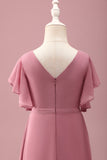 Desert Rose Chiffon A Line Ruffled Junior Bridesmaid Dress with Batwing Sleeves