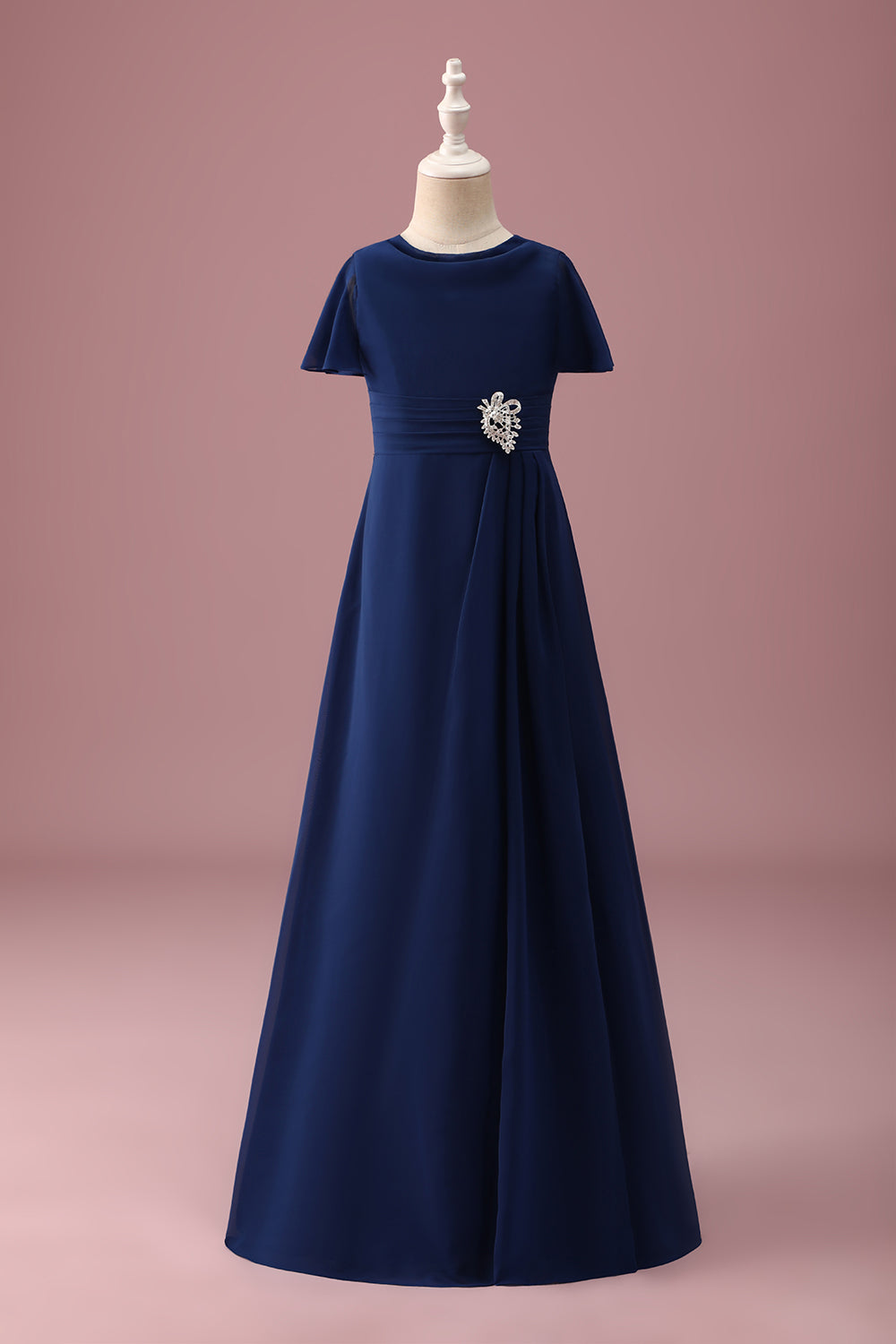 Wedtrend Women Navy Junior Bridesmaid Dress With Short Sleeves Rhinestones Round Neck A Line Ruched Wedding Guest Dress With Brooch WEDTREND Wedtrend Women Navy Junior Bridesmaid Dress With Short Sleeves Rhinestones Round Neck A Line Ruched Wedding Guest Dress With Brooch WEDTREND