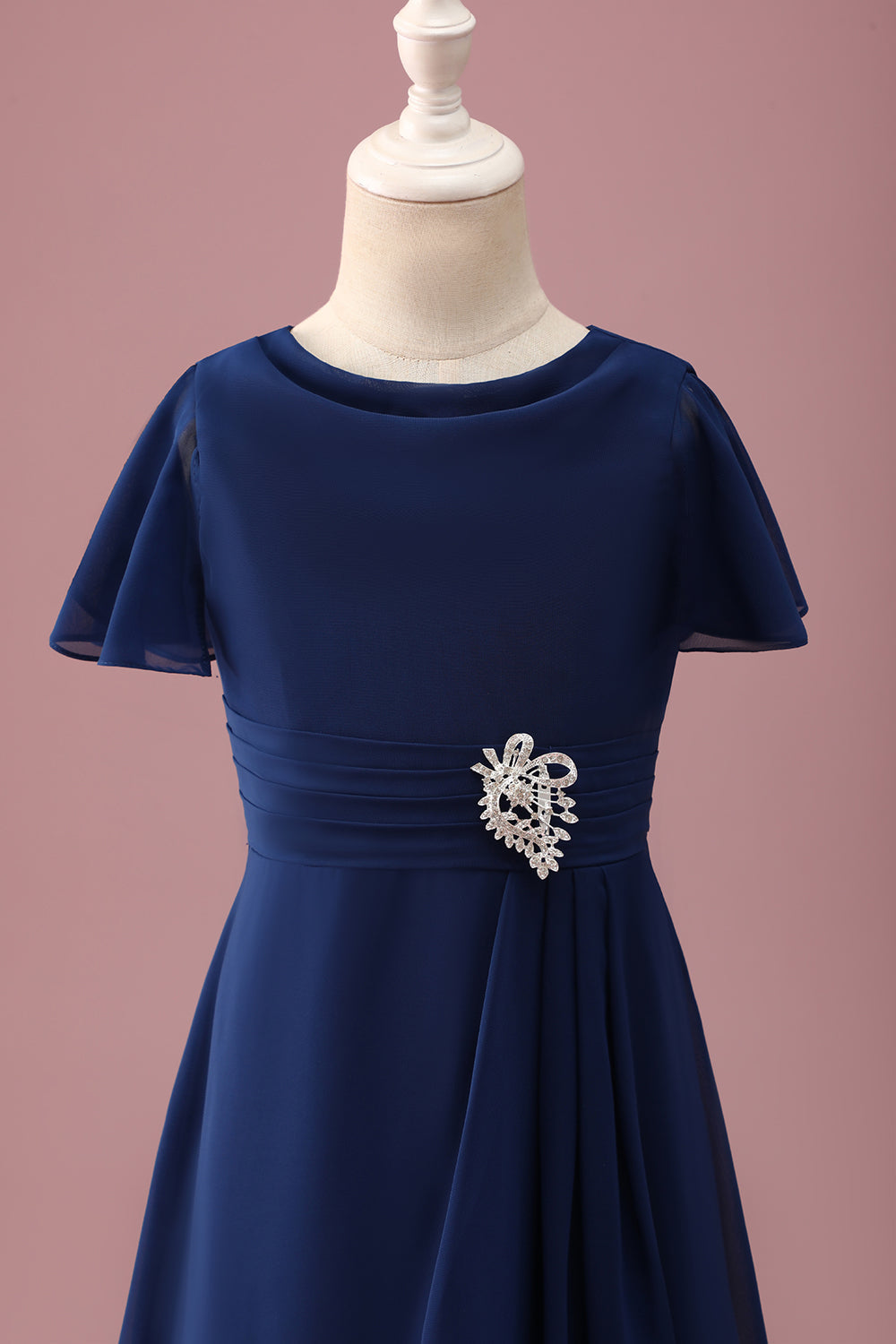 Wedtrend Women Navy Junior Bridesmaid Dress With Short Sleeves Rhinestones Round Neck A Line Ruched Wedding Guest Dress With Brooch WEDTREND Wedtrend Women Navy Junior Bridesmaid Dress With Short Sleeves Rhinestones Round Neck A Line Ruched Wedding Guest Dress With Brooch WEDTREND