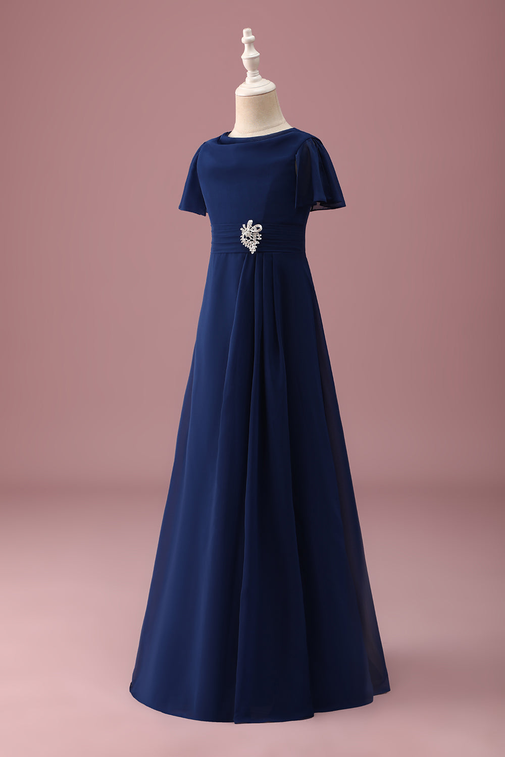 Wedtrend Women Navy Junior Bridesmaid Dress With Short Sleeves Rhinestones Round Neck A Line Ruched Wedding Guest Dress With Brooch WEDTREND Wedtrend Women Navy Junior Bridesmaid Dress With Short Sleeves Rhinestones Round Neck A Line Ruched Wedding Guest Dress With Brooch WEDTREND