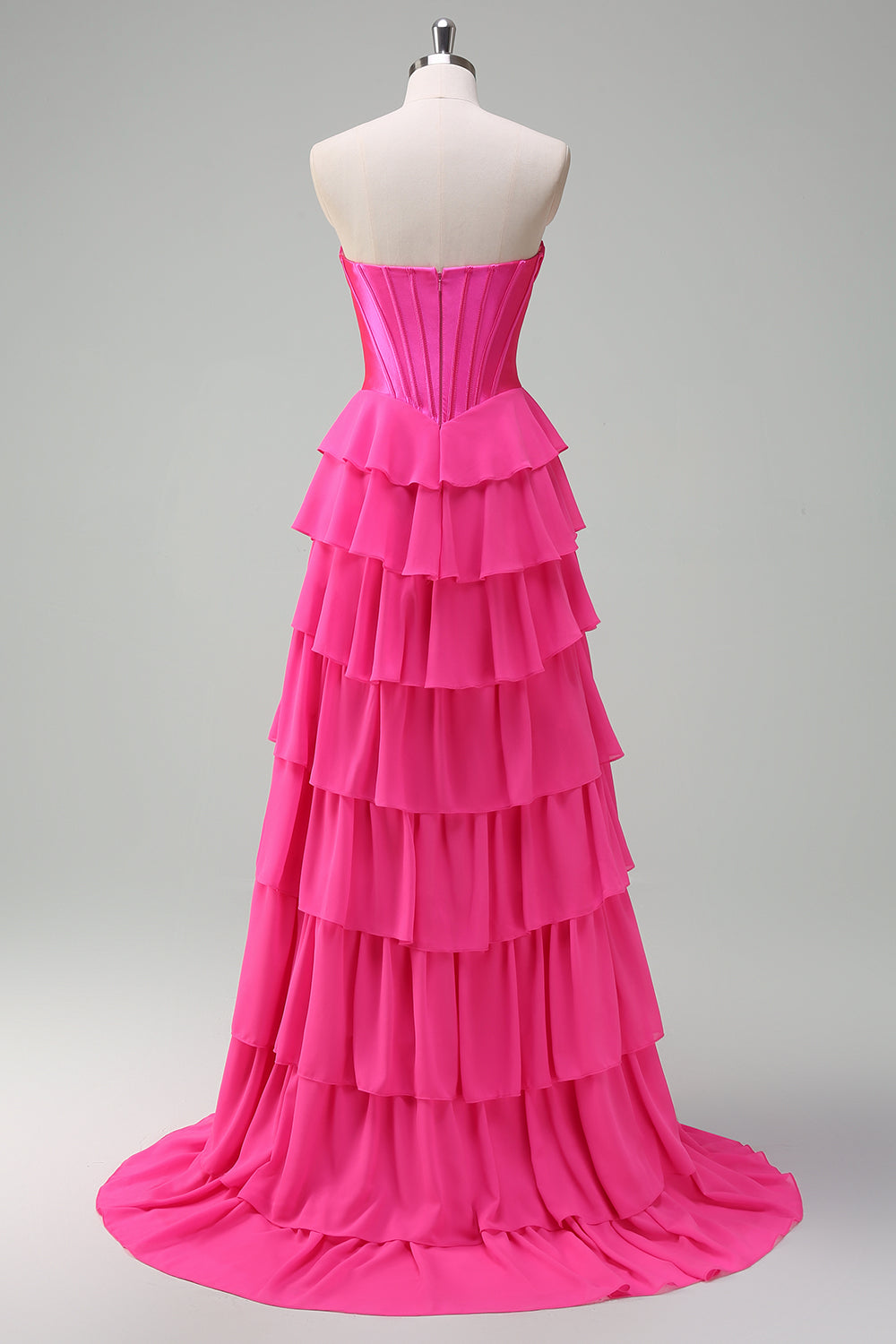 WEDTREND Women Fuchsia Long Prom Dress with Slit A Line Strapless Tiered Corset Ruffle Wedding Party Dress