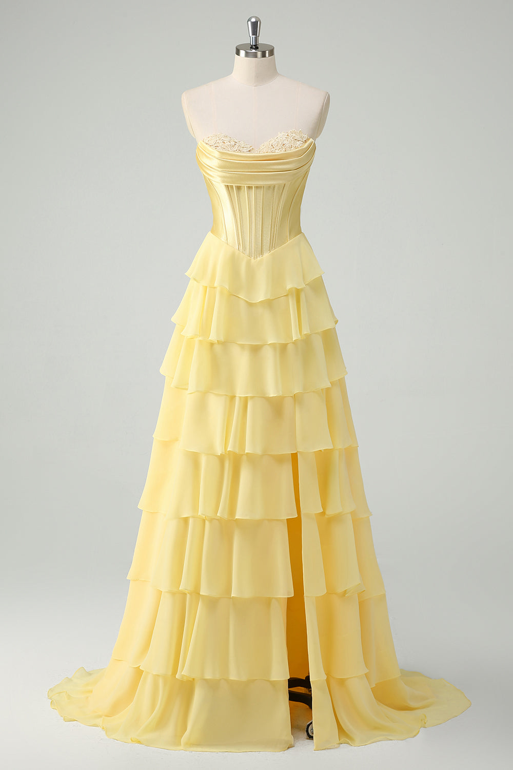 WEDTREND Women Yellow Strapless Prom Dress with Ruffles Appliqued A Line Long Tiered Evening Dress with Slit WEDTREND Women Yellow Strapless Prom Dress with Ruffles Appliqued A Line Long Tiered Evening Dress with Slit