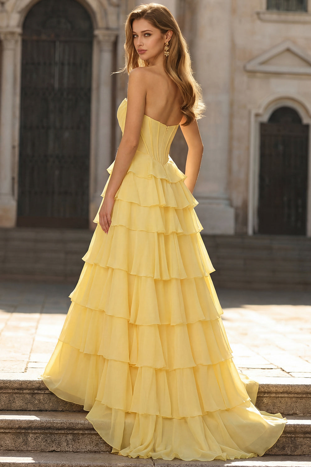 WEDTREND Women Yellow Strapless Prom Dress with Ruffles Appliqued A Line Long Tiered Evening Dress with Slit