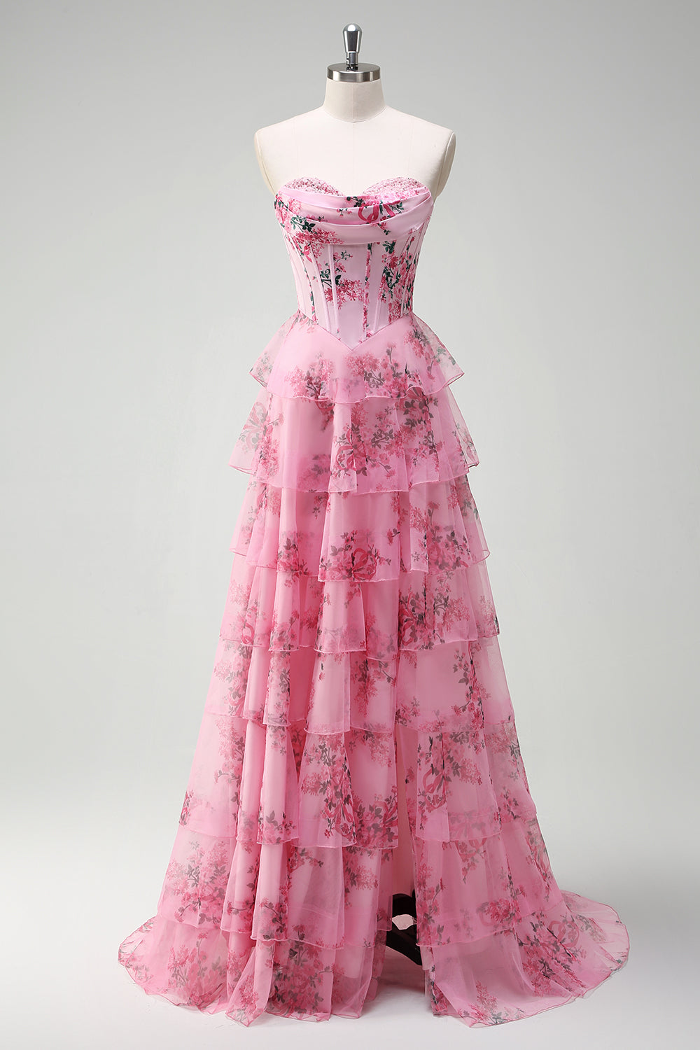 WEDTREND Women Blush Floral Long Prom Dress with Slit A-Line Strapless Ruffled Corset Printed Tiered Evening Party Dress WEDTREND Women Blush Floral Long Prom Dress with Slit A-Line Strapless Ruffled Corset Printed Tiered Evening Party Dress