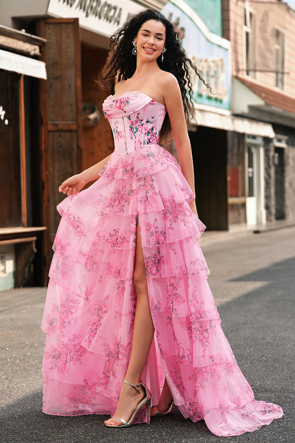 Wedtrend Women Blush Long Prom Dress with Slit A Line Strapless Corset Tiered Floral Wedding Party Dress, Blush / US18W