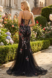 Black Mermaid Spaghetti Straps Long Prom Dress With Appliqued Sequins