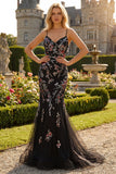 Black Appliqued Mermaid Spaghetti Straps Long Prom Dress With Sequins