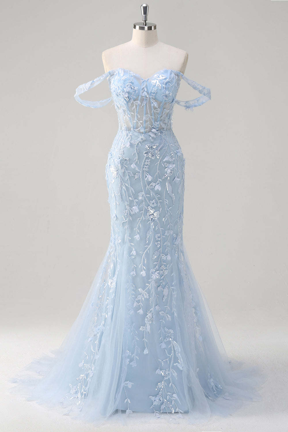 Wedtrend Women Blue Floral Prom Dress with Appliques Mermaid Off the Shoulder Sequin Sheer Corset Evening Dress WEDTREND Wedtrend Women Blue Floral Prom Dress with Appliques Mermaid Off the Shoulder Sequin Sheer Corset Evening Dress WEDTREND