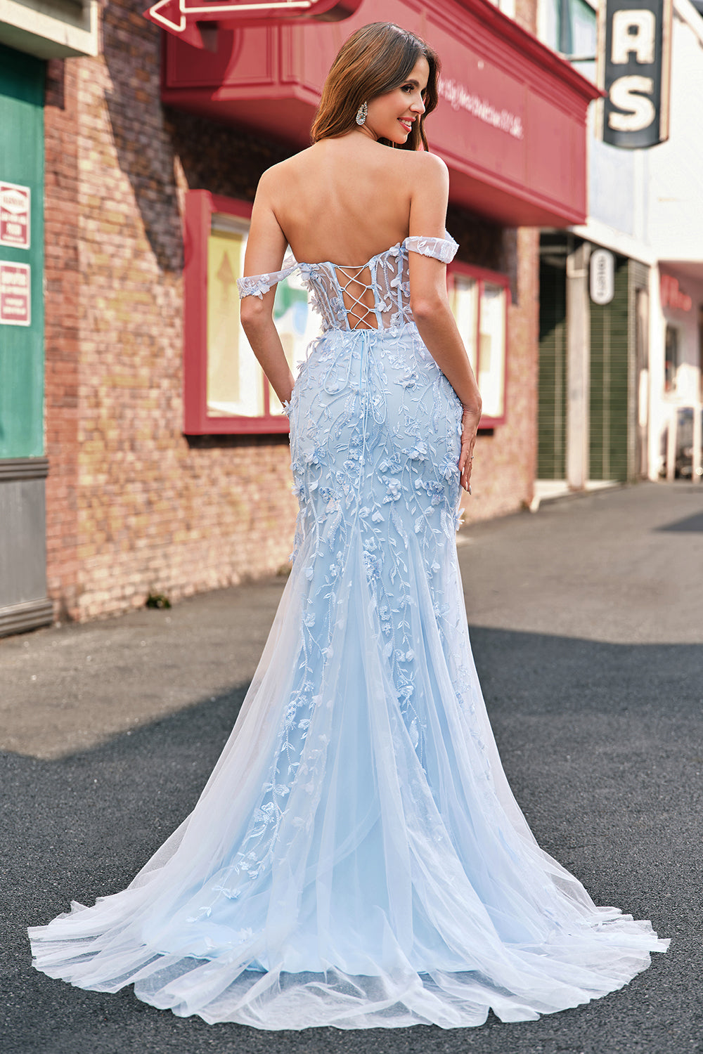 Wedtrend Women Blue Floral Prom Dress with Appliques Mermaid Off the