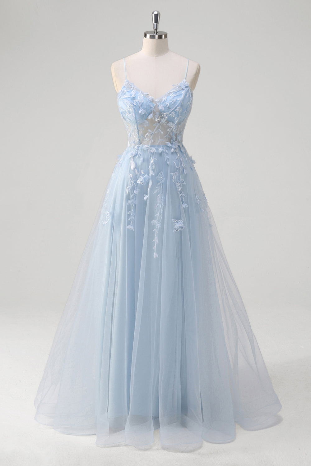 Wedtrend Women Blue Floral Prom Dress With Appliques A-Line Spaghetti Straps Sheer Corset Long Formal Dress WEDTREND Wedtrend Women Blue Floral Prom Dress With Appliques A-Line Spaghetti Straps Sheer Corset Long Formal Dress WEDTREND