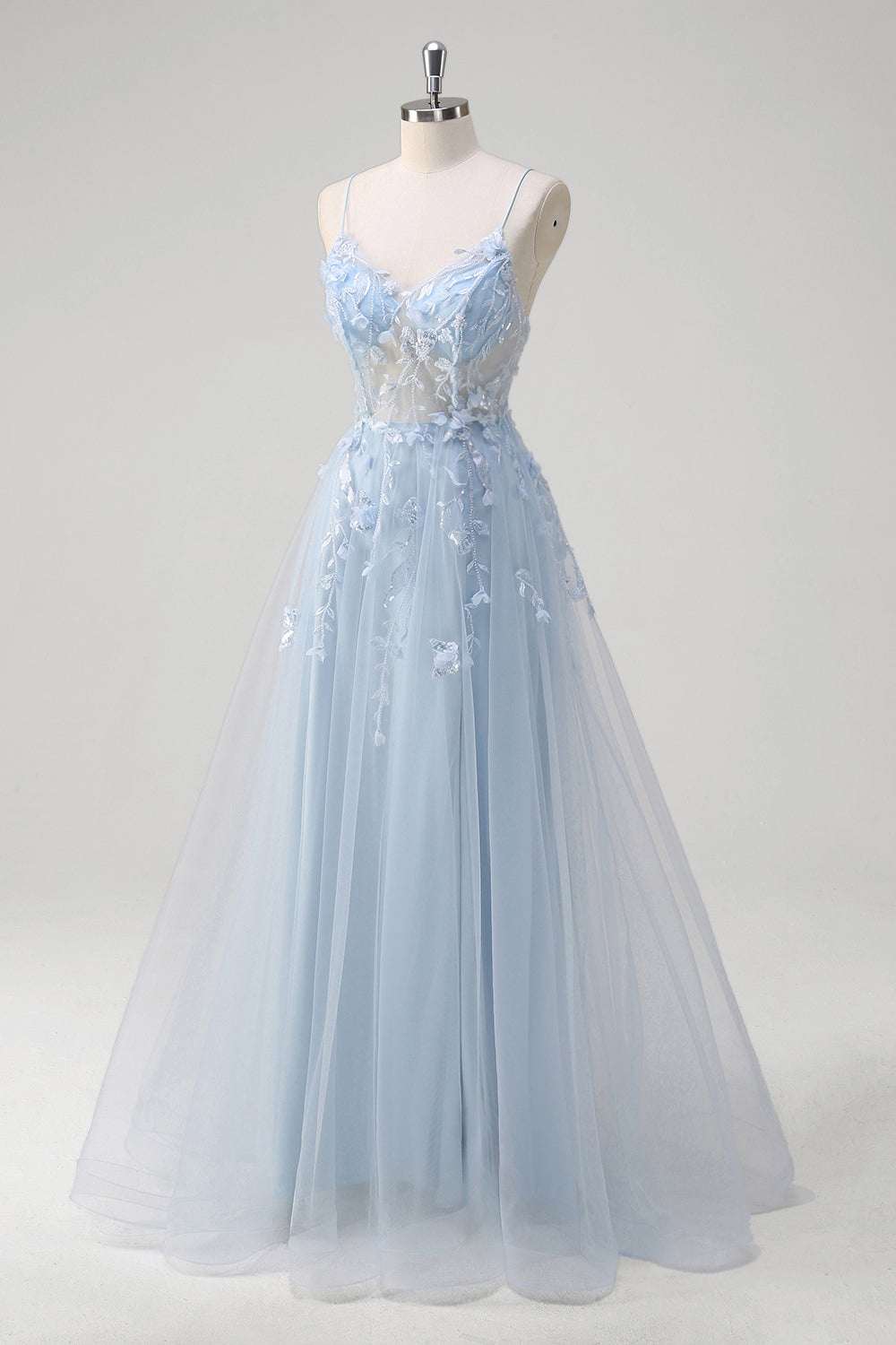 Wedtrend Women Blue Floral Prom Dress With Appliques A-Line Spaghetti Straps Sheer Corset Long Formal Dress WEDTREND Wedtrend Women Blue Floral Prom Dress With Appliques A-Line Spaghetti Straps Sheer Corset Long Formal Dress WEDTREND