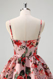 Floral Grey Pink A Line Spaghetti Straps Tiered Corset Prom Dress with Slit