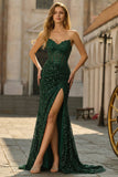 Sparkly Mermaid Dark Green Sweetheart Corset Sequins Lace Prom Dress with Slit