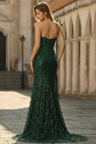 Sparkly Mermaid Dark Green Sweetheart Corset Sequins Lace Prom Dress with Slit