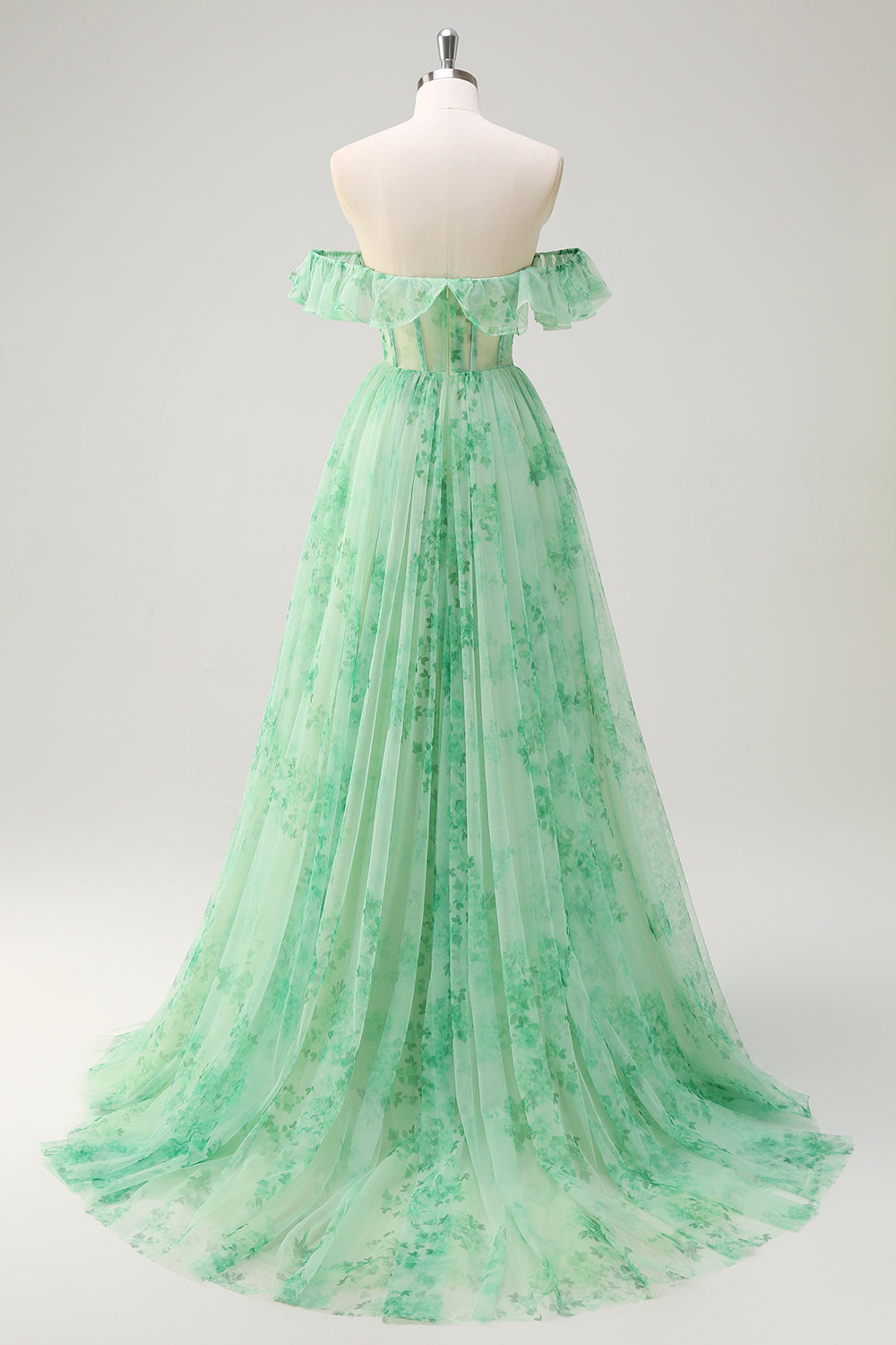Wedtrend Women Green Floral Prom Dress with Slit A Line Off The Shoulder Corset Long Print Wedding Party Dress, Green / US2 Wedtrend Women Green Floral Prom Dress with Slit A Line Off The Shoulder Corset Long Print Wedding Party Dress, Green / US2