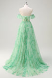 Green A-Line Off The Shoulder Corset Print Floral Maxi Dress With Slit