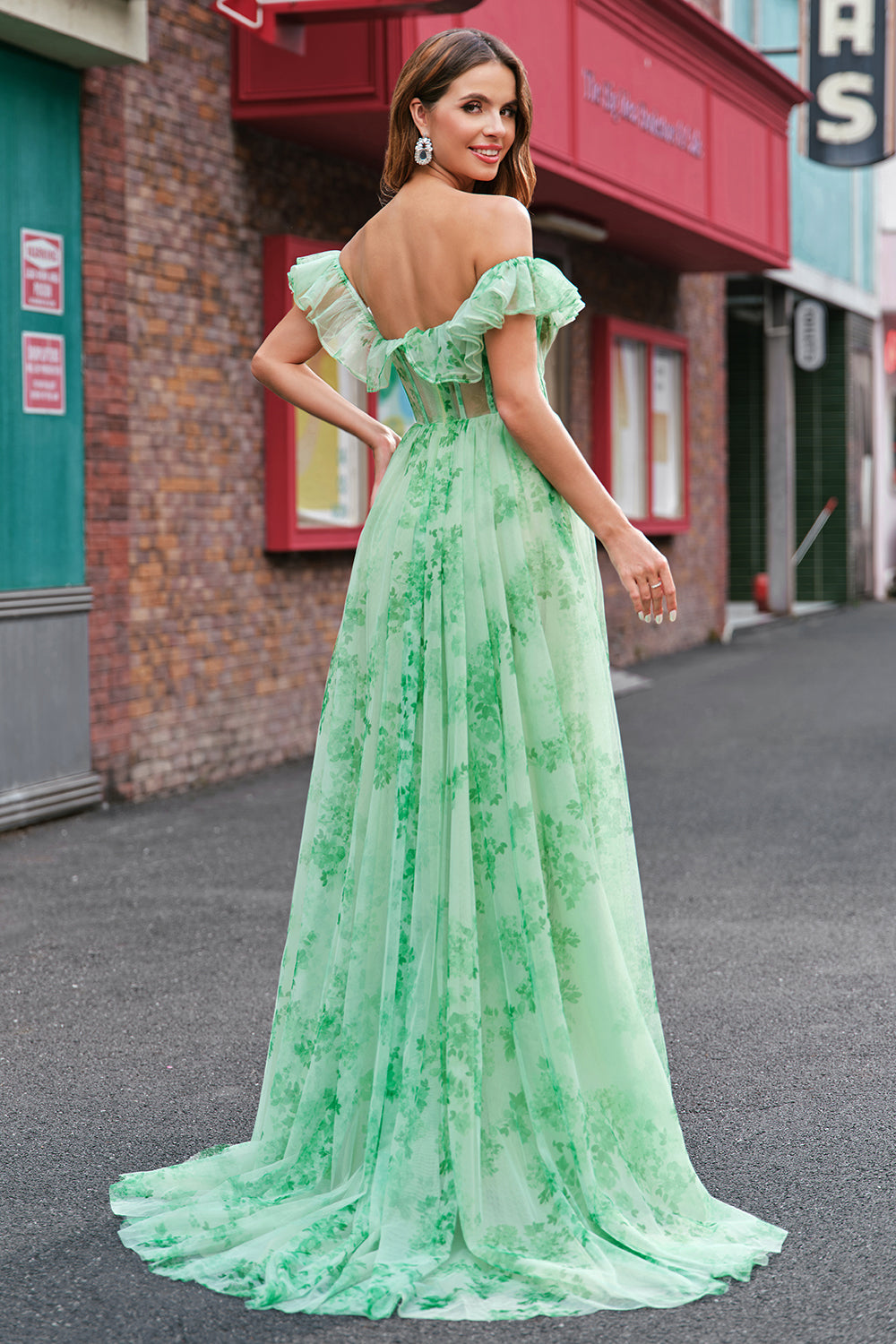 Wedtrend Women Green Floral Prom Dress with Slit A Line Off The Shoulder Corset Long Print Wedding Party Dress WEDTREND Wedtrend Women Green Floral Prom Dress with Slit A Line Off The Shoulder Corset Long Print Wedding Party Dress WEDTREND