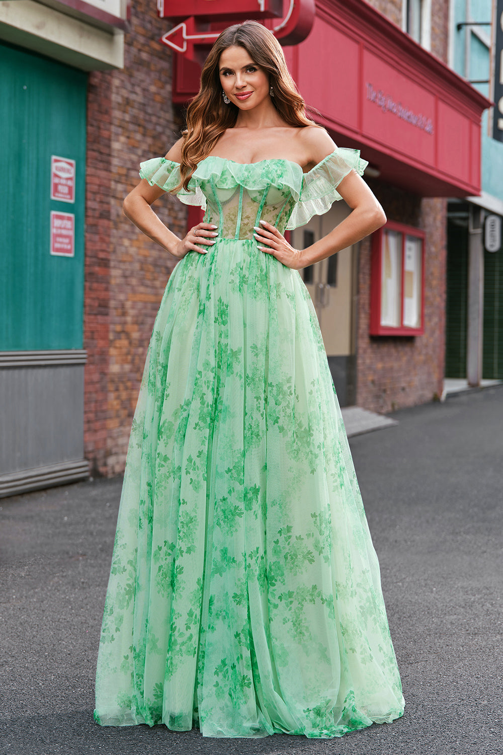 Wedtrend Women Green Floral Prom Dress with Slit A Line Off The Shoulder Corset Long Print Wedding Party Dress WEDTREND Wedtrend Women Green Floral Prom Dress with Slit A Line Off The Shoulder Corset Long Print Wedding Party Dress WEDTREND