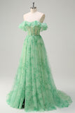 Green A-Line Off The Shoulder Corset Print Floral Maxi Dress With Slit