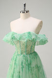 Green A-Line Off The Shoulder Corset Print Floral Maxi Dress With Slit