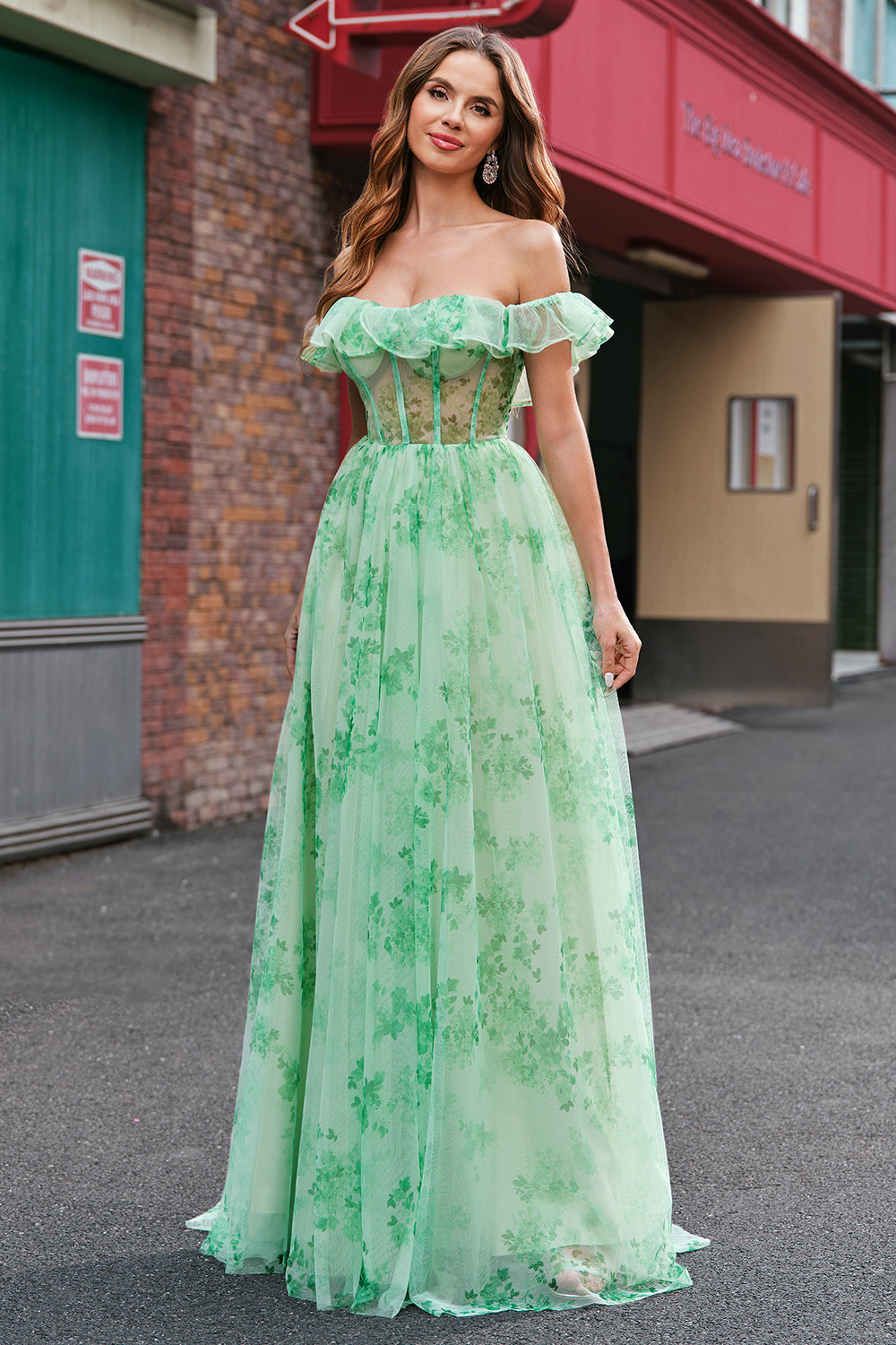 Wedtrend Women Green Floral Prom Dress with Slit A Line Off The Shoulder Corset Long Print Wedding Party Dress WEDTREND Wedtrend Women Green Floral Prom Dress with Slit A Line Off The Shoulder Corset Long Print Wedding Party Dress WEDTREND