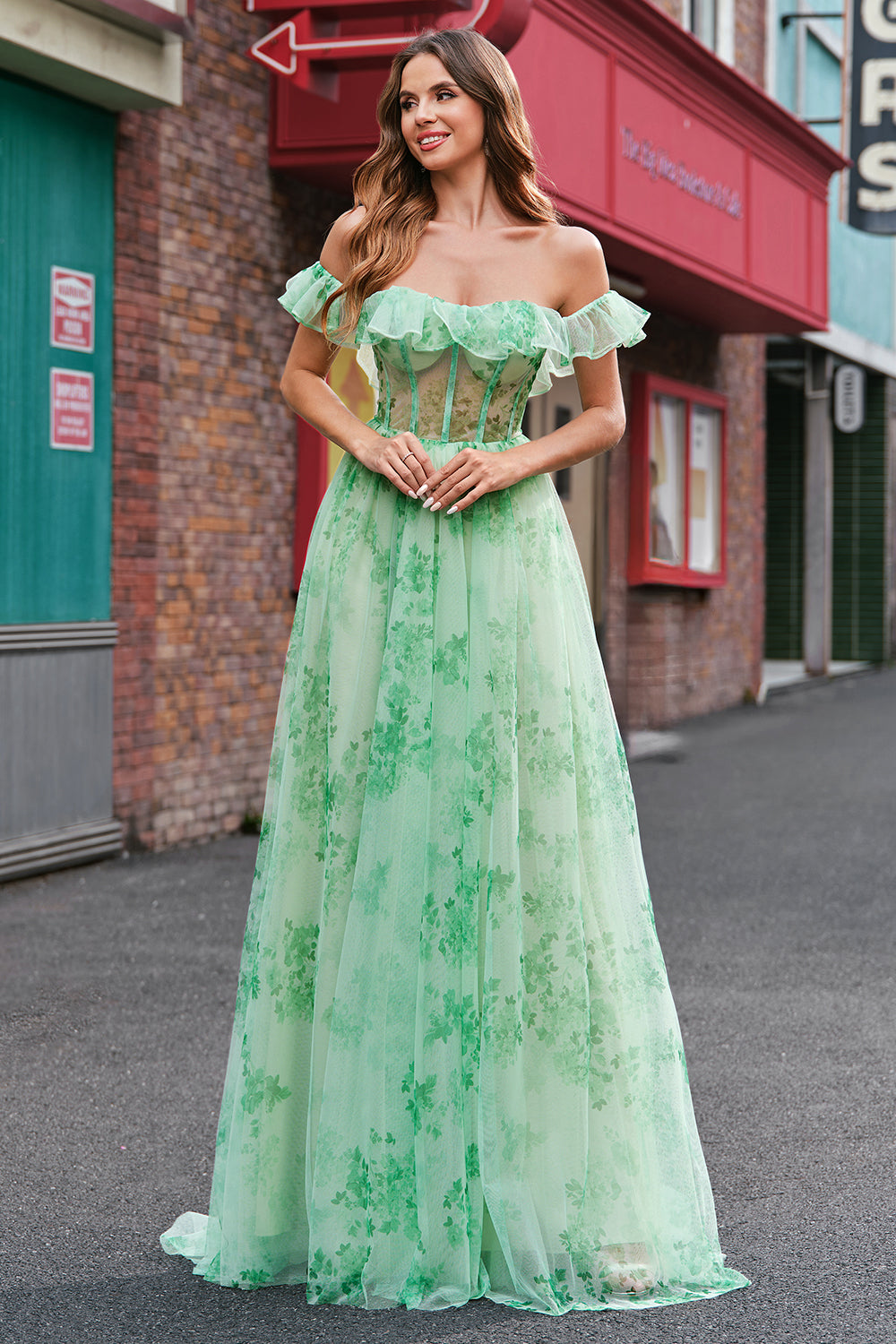 Wedtrend Women Green Floral Prom Dress with Slit A Line Off The Shoulder Corset Long Print Wedding Party Dress, Green / US2 Wedtrend Women Green Floral Prom Dress with Slit A Line Off The Shoulder Corset Long Print Wedding Party Dress, Green / US2