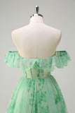 Green A-Line Off The Shoulder Corset Print Floral Maxi Dress With Slit