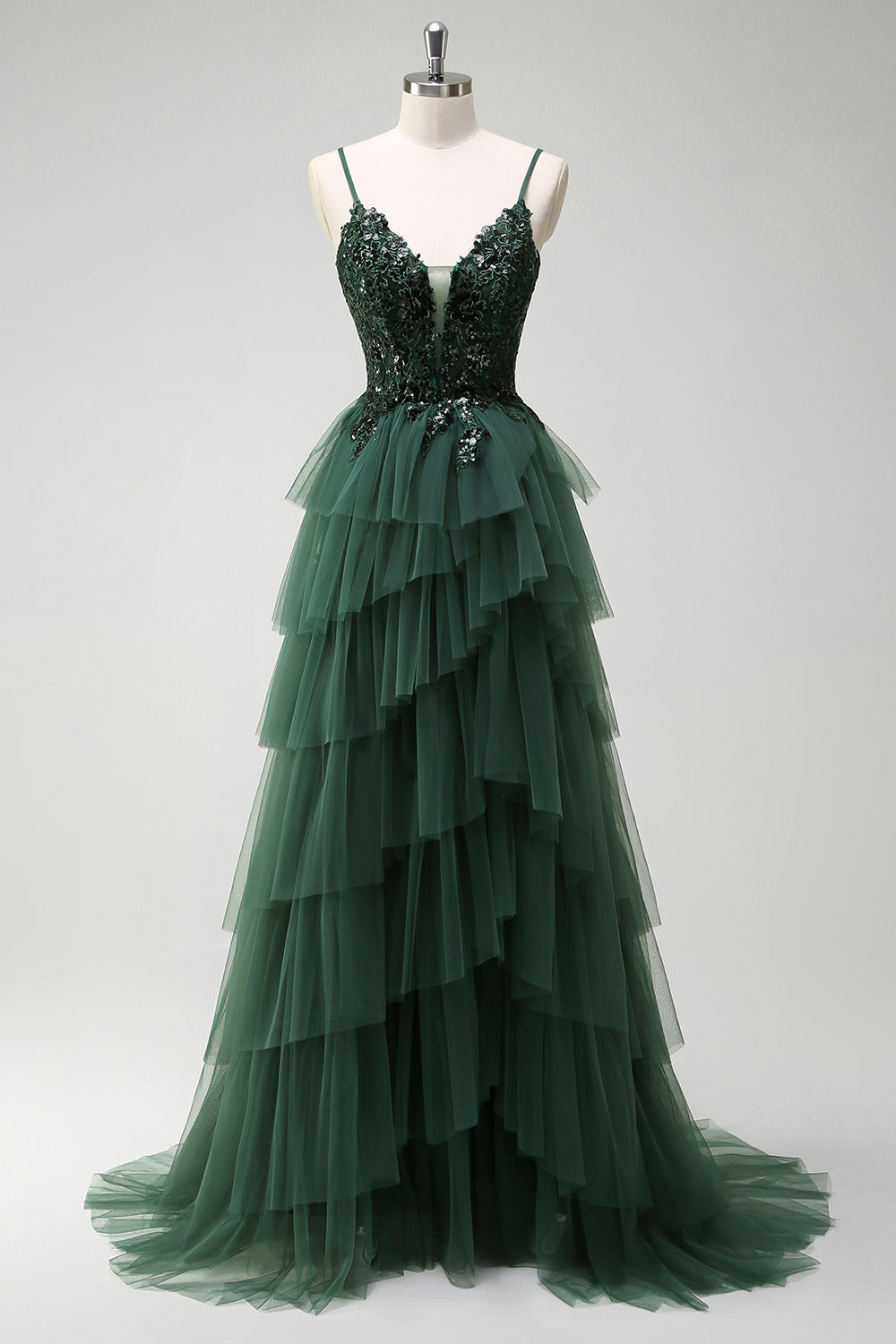 WEDTREND Women Sparkly Dark Green Prom Dress Tulle A-Line Corset Spaghetti Straps Sequins Tiered Formal Dress with Appliques WEDTREND Women Sparkly Dark Green Prom Dress Tulle A-Line Corset Spaghetti Straps Sequins Tiered Formal Dress with Appliques