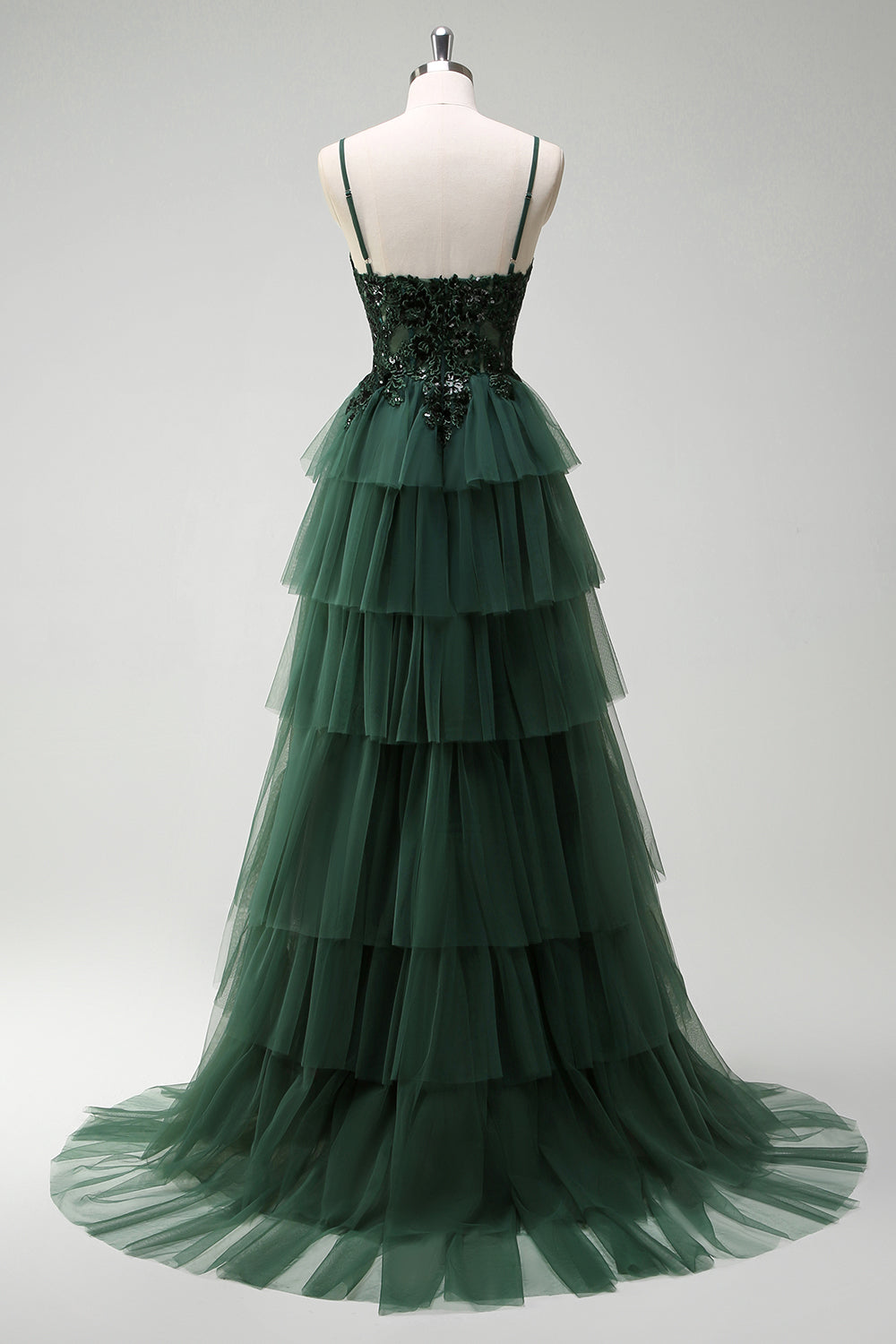 WEDTREND Women Sparkly Dark Green Prom Dress Tulle A-Line Corset Spaghetti Straps Sequins Tiered Formal Dress with Appliques WEDTREND Women Sparkly Dark Green Prom Dress Tulle A-Line Corset Spaghetti Straps Sequins Tiered Formal Dress with Appliques