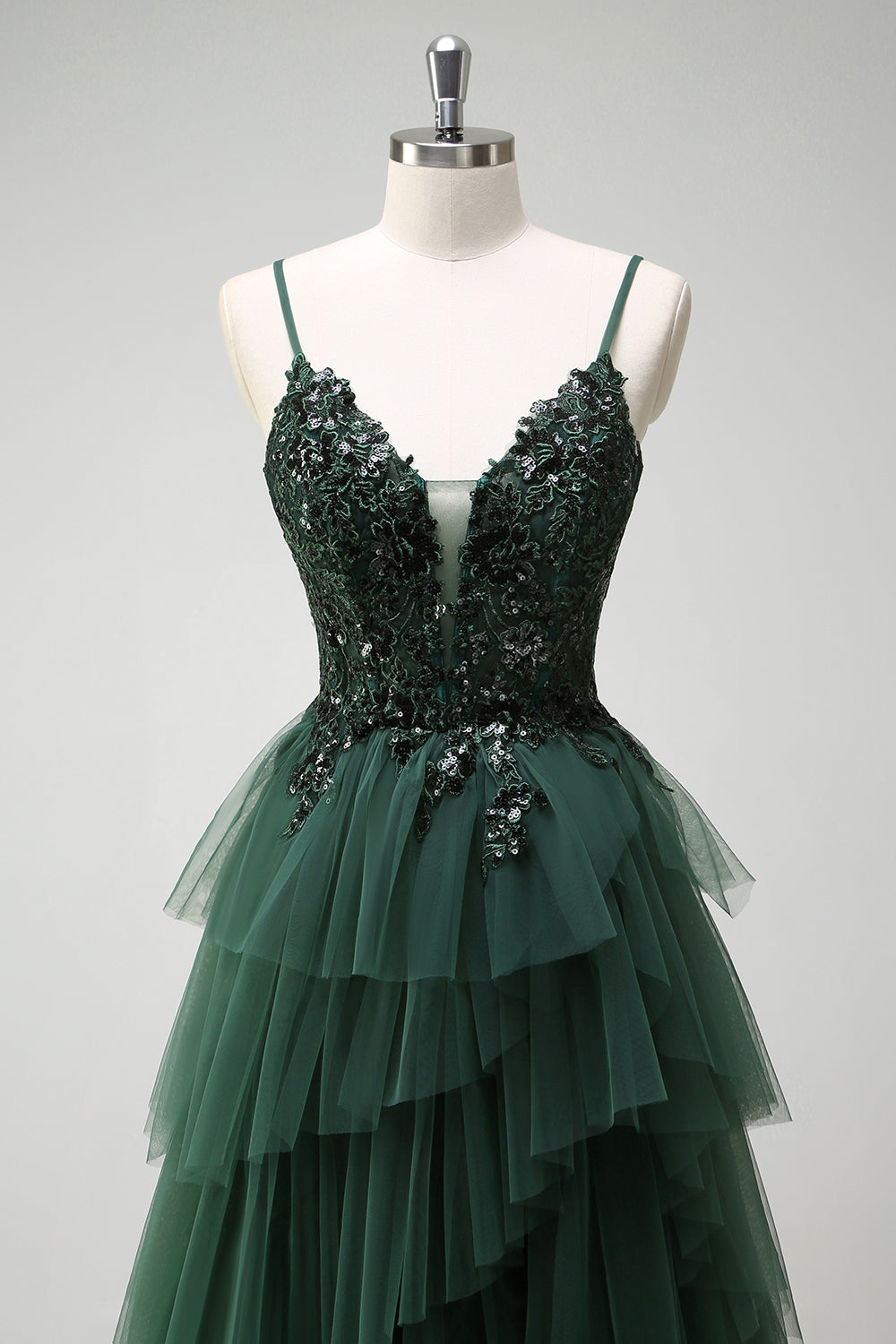 WEDTREND Women Sparkly Dark Green Prom Dress Tulle A-Line Corset Spaghetti Straps Sequins Tiered Formal Dress with Appliques WEDTREND Women Sparkly Dark Green Prom Dress Tulle A-Line Corset Spaghetti Straps Sequins Tiered Formal Dress with Appliques
