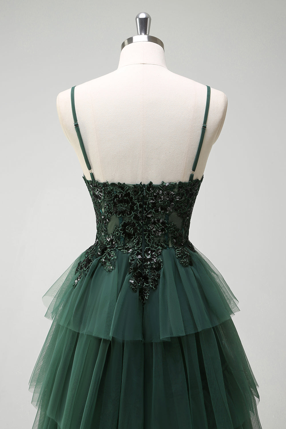 WEDTREND Women Sparkly Dark Green Prom Dress Tulle A-Line Corset Spaghetti Straps Sequins Tiered Formal Dress with Appliques WEDTREND Women Sparkly Dark Green Prom Dress Tulle A-Line Corset Spaghetti Straps Sequins Tiered Formal Dress with Appliques