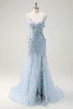 Green Mermaid Spaghetti Straps Lace Up Back Prom Dress with 3D Flowers