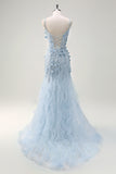 Green Mermaid Spaghetti Straps Lace Up Back Prom Dress with 3D Flowers