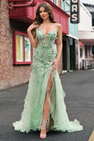 Green Mermaid Spaghetti Straps Corset Long Prom Dress with Slit