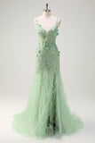 Green Mermaid Spaghetti Straps Corset Long Prom Dress with Slit