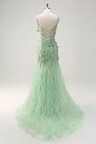 Green Mermaid Spaghetti Straps Corset Long Prom Dress with Slit